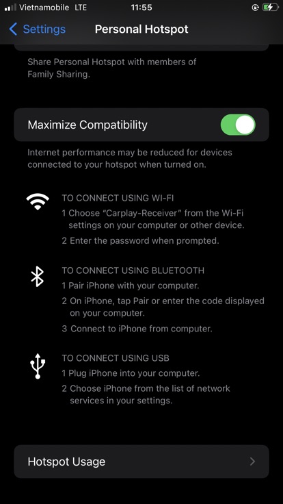 The Hotspot Usage row in the stock Personal Hotspot pane