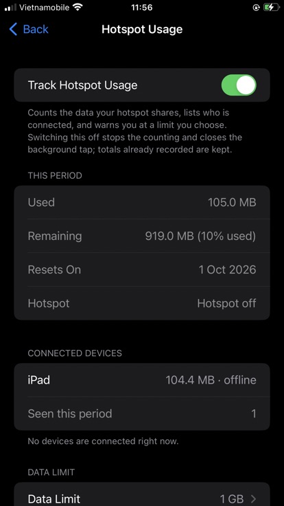 Usage this period, connected devices and the data limit